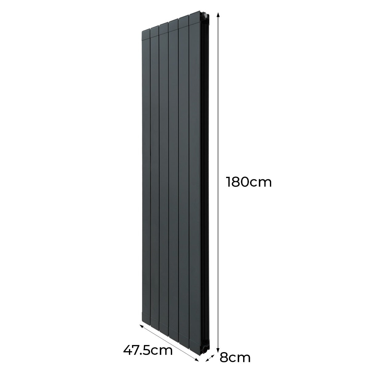 Anthrazitgrauer Aluminium Paneelheizkörper mit vertikalen Lamellen, 1800mm hoch, 475mm breit, modern und elegant für jeden Raum