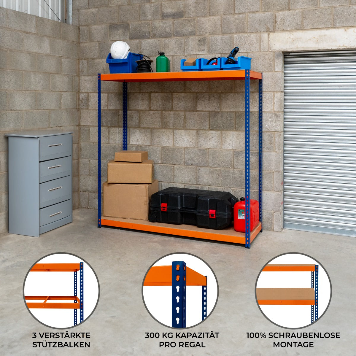 S-Rax Regal mit zwei stabilen Böden in Orange und Blau, ideal für Lagerung, mit robusten Stützbalcken und schraubenloser Montage, 180cm hoch