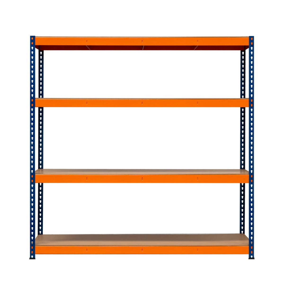S-Rax Regal mit 4 stabilen Böden, orangefarbene Regalböden und blauer Metallrahmen, ideal für Lagerung und Organisation in Werkstätten oder Garagen
