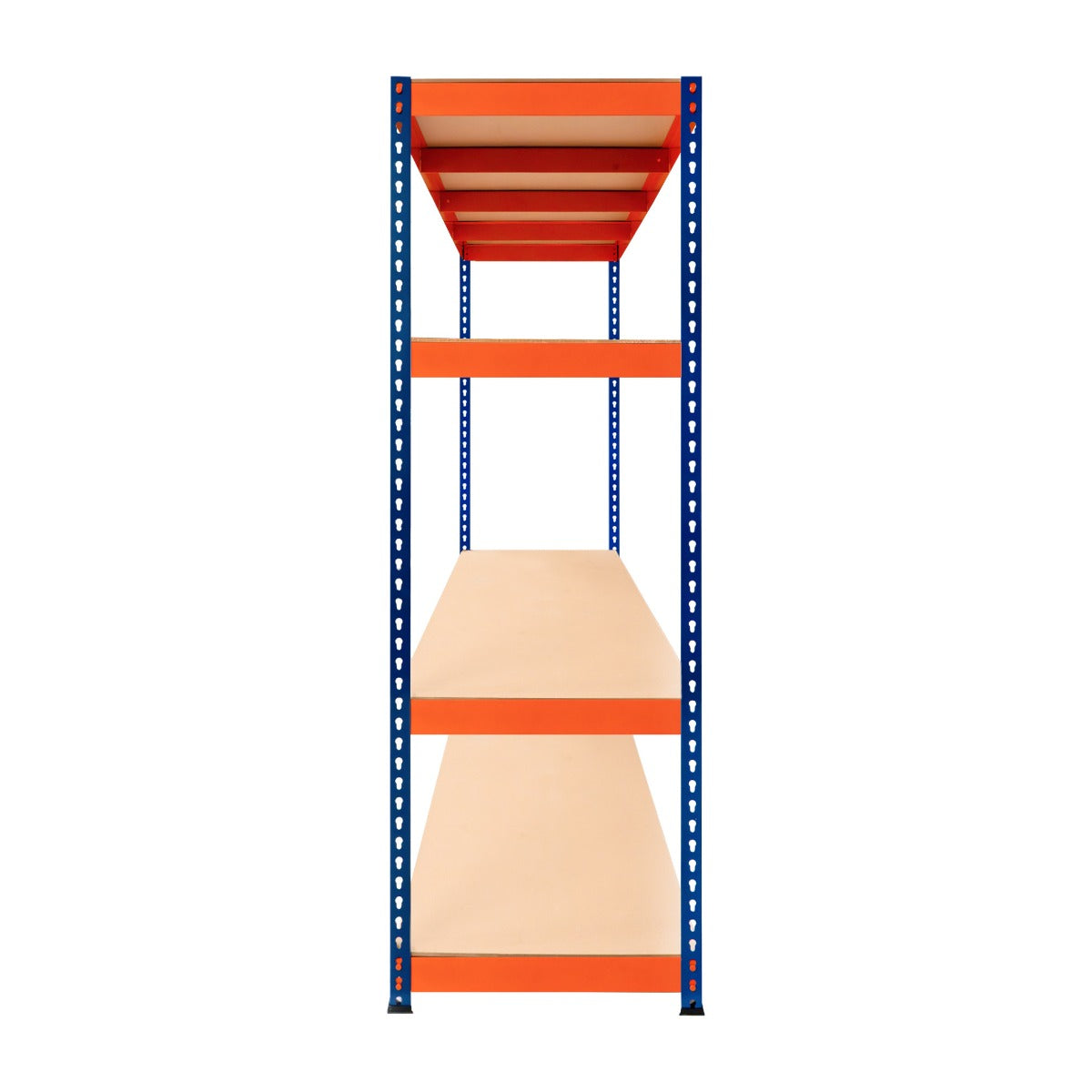 S-Rax Regal mit 4 Böden in Orange und Blau, 180cm hoch, 60cm tief, bietet stabile Ablageflächen aus Holz für vielseitige Nutzung