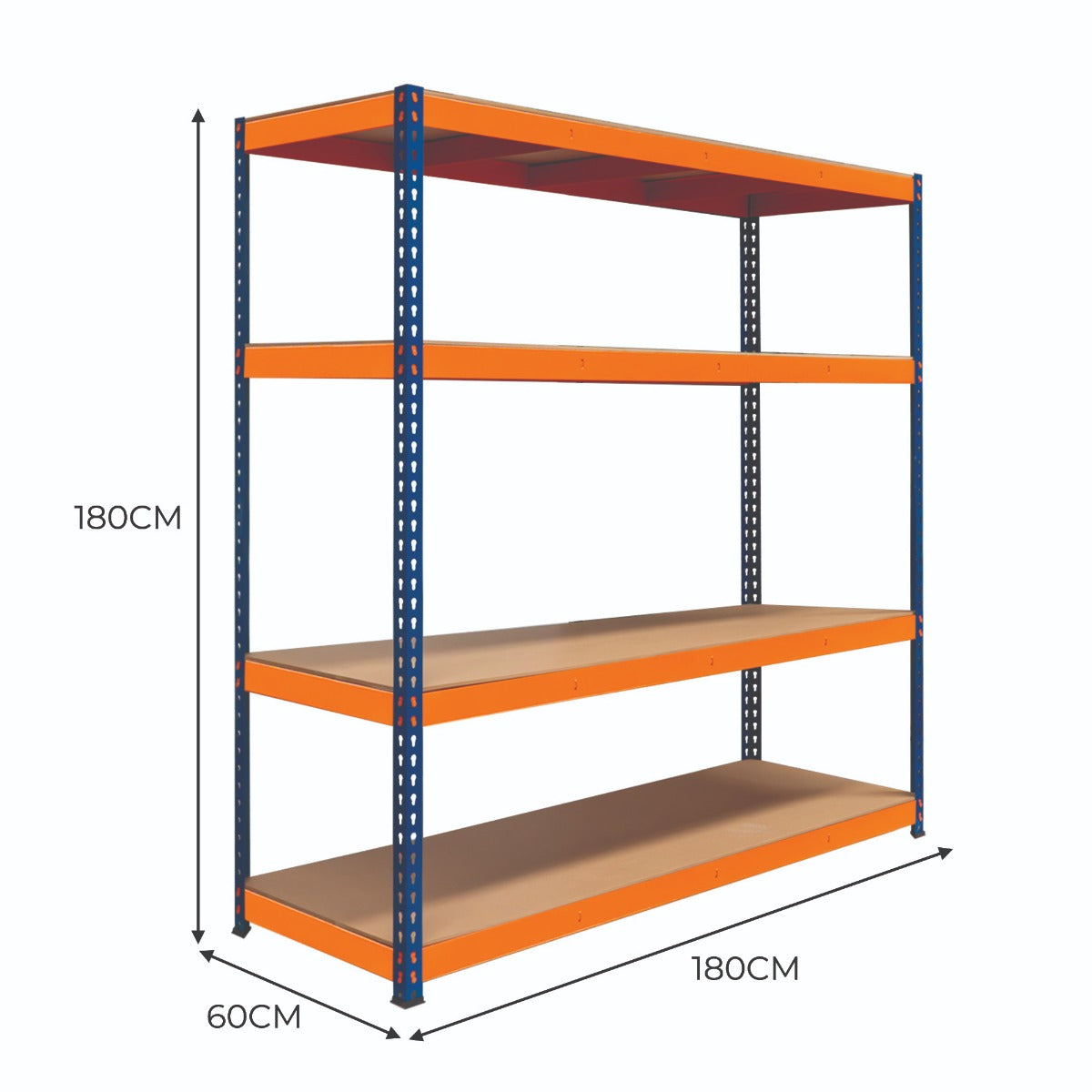 S-Rax Regal mit 4 stabilen Böden in Orange und Blau, Maße 180cm x 180cm x 60cm, ideal für Lagerung und Organisation von Gegenständen