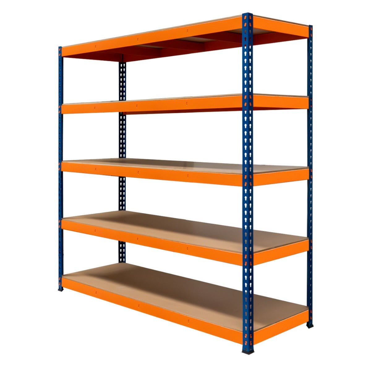 S-Rax Regal mit fünf stabilen Böden in orange und blauen Metallrahmen, ideal für Lagerung und Organisation in Werkstätten oder Garagen