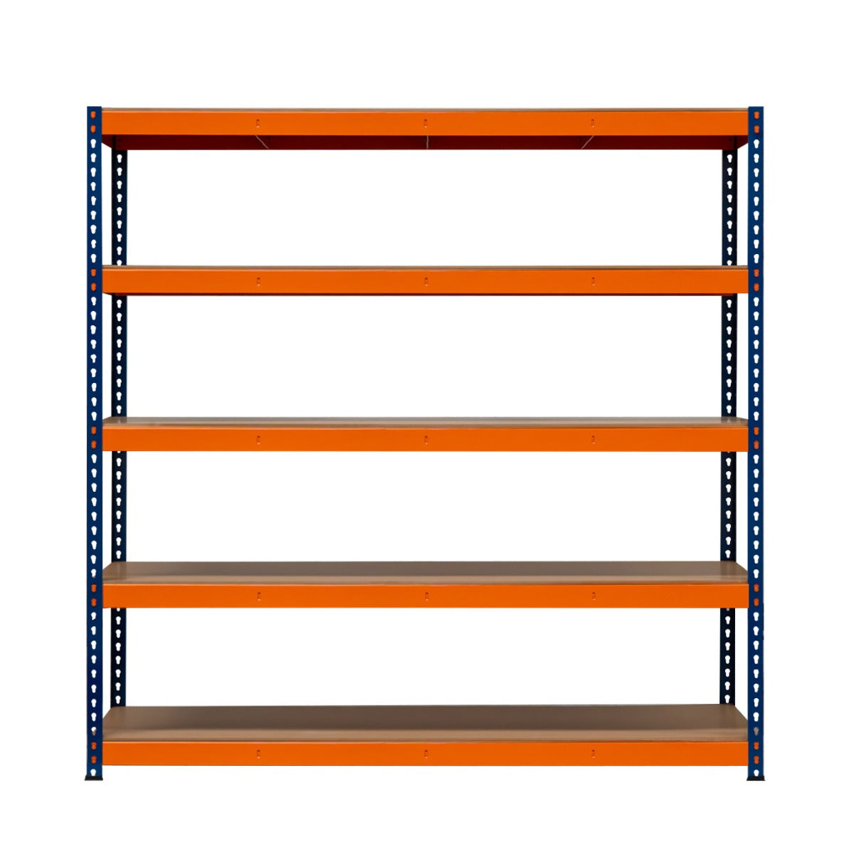 S-Rax Regal mit fünf stabilen Böden in Orange und Blau, ideal für Lagerung und Organisation, aus robustem Metall mit glatter Oberfläche