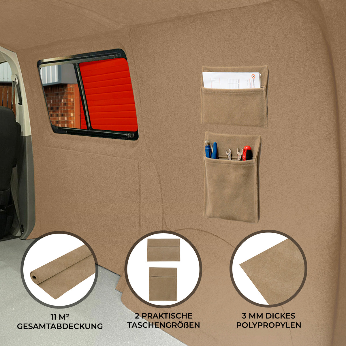 Beige Autostoff mit 11 m² Gesamtfläche, zwei praktischen Taschen und 3 mm dickem Polypropylen für optimale Aufbewahrung im Fahrzeug