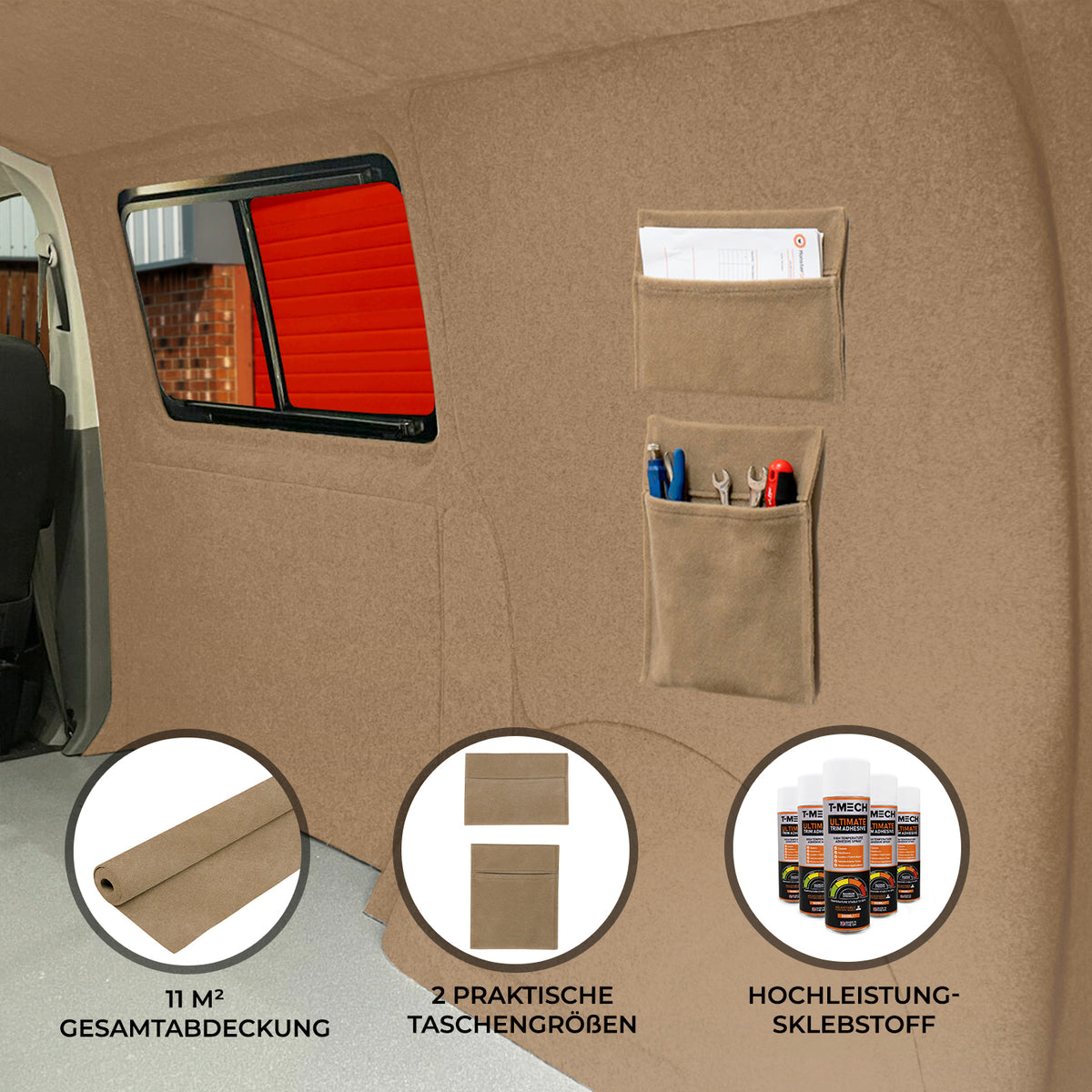 Beige Autostoff mit zwei praktischen Aufbewahrungstaschen, ideal für Werkzeuge und Zubehör, weiche Textur und gute Passform für Fahrzeuginnnenräume