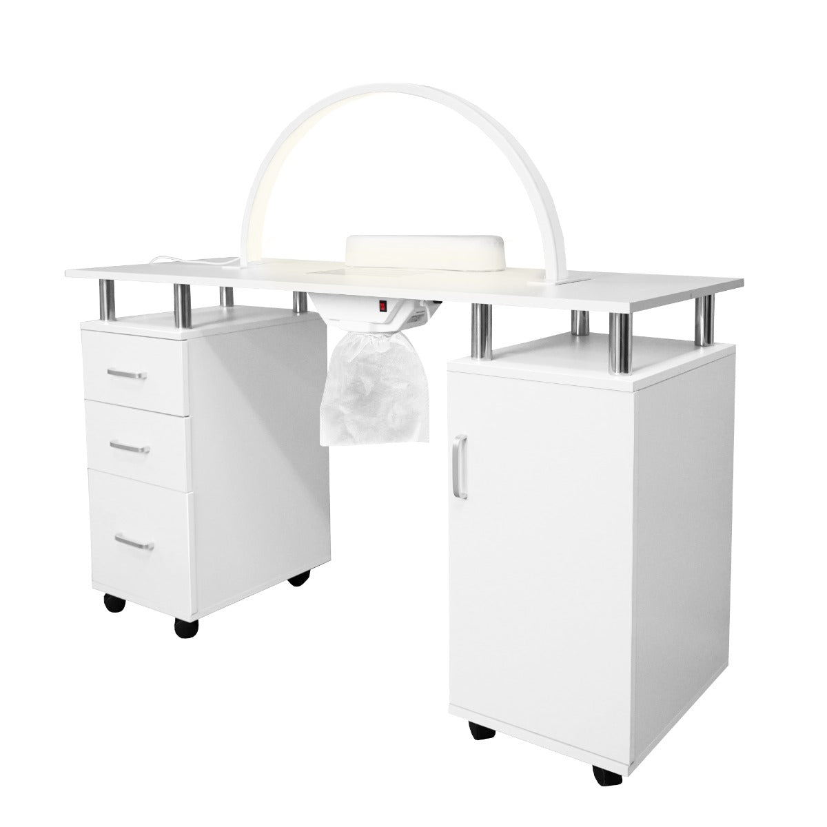 Professioneller Maniküretisch in Weiß mit zwei Schubladen und einem Schrank, ausgestattet mit einer LED Halbmondlampe für optimale Beleuchtung