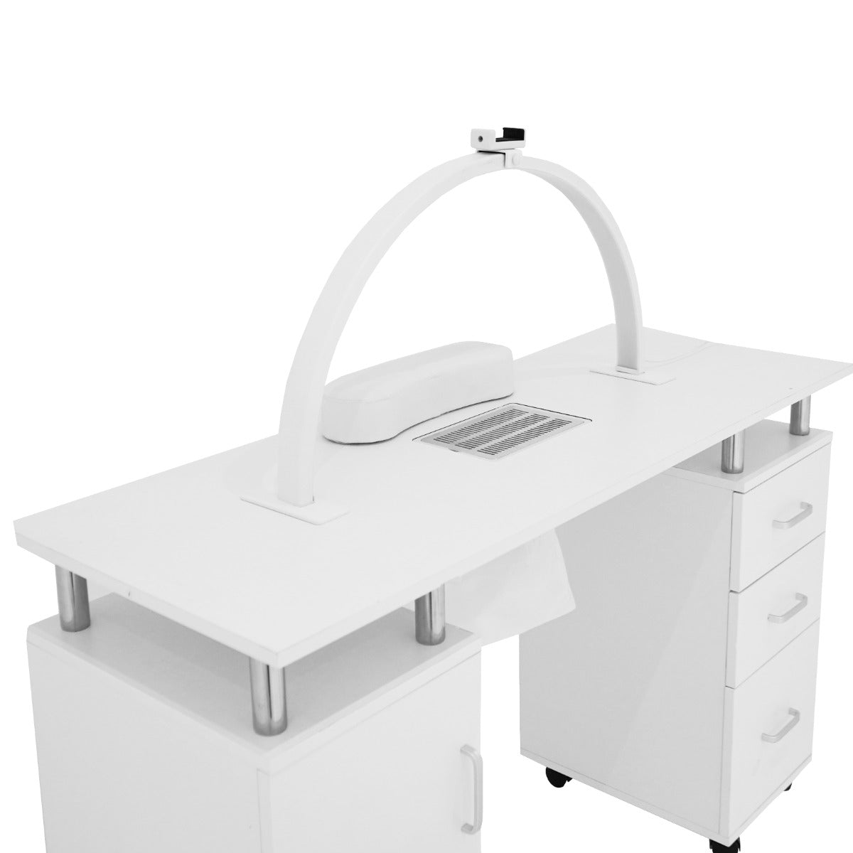 Weißer Maniküretisch mit gebogener LED-Halbmondenlampe, zwei Schubladen, glatte Oberfläche und moderne, minimalistische Gestaltung