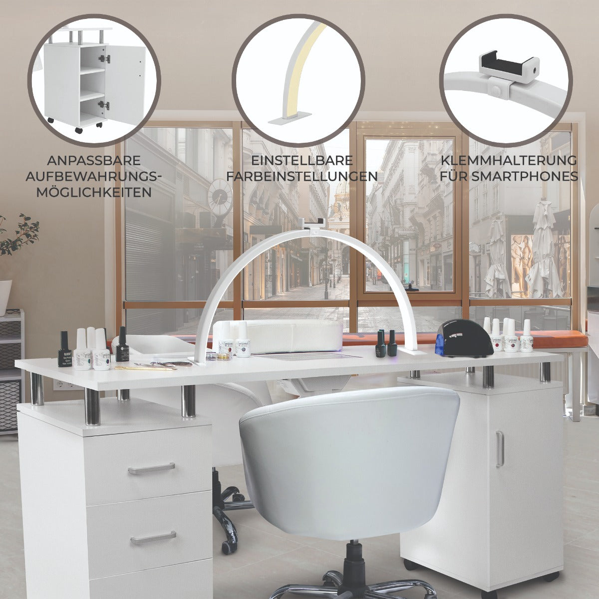 Professioneller Maniküretisch in Weiß mit verstellbarer LED-Halbmondlampe, Stauraum und Halterung für Smartphones, ideal für Nagelstudios