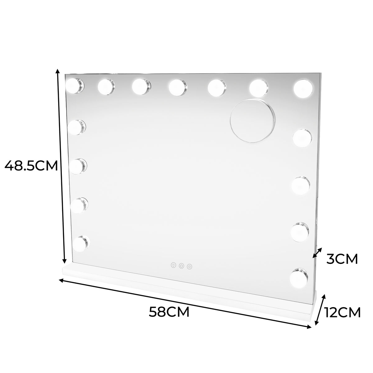 Eleganter LED Bluetooth Spiegel in rechteckiger Form, 58 x 46 cm, mit 12 dimmbaren Lichtern und glatter, reflektierender Oberfläche