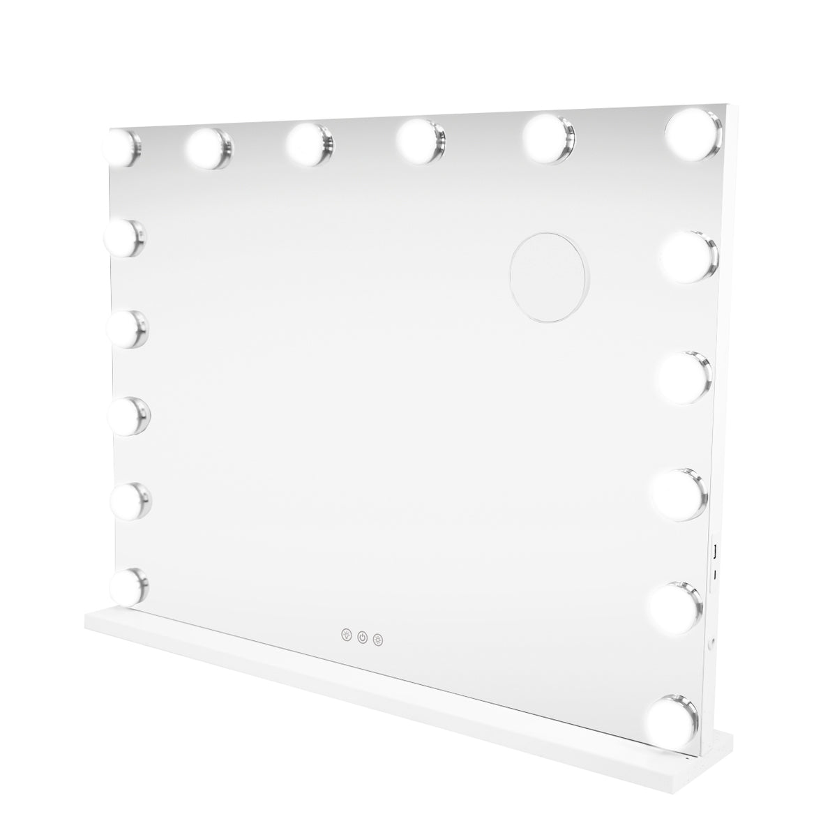 LED Bluetooth Spiegel in rechteckiger Form, 80 x 60 cm, mit 12 runden, dimmbaren Lichtern und glatter, reflektierender Oberfläche in elegantem Weiß