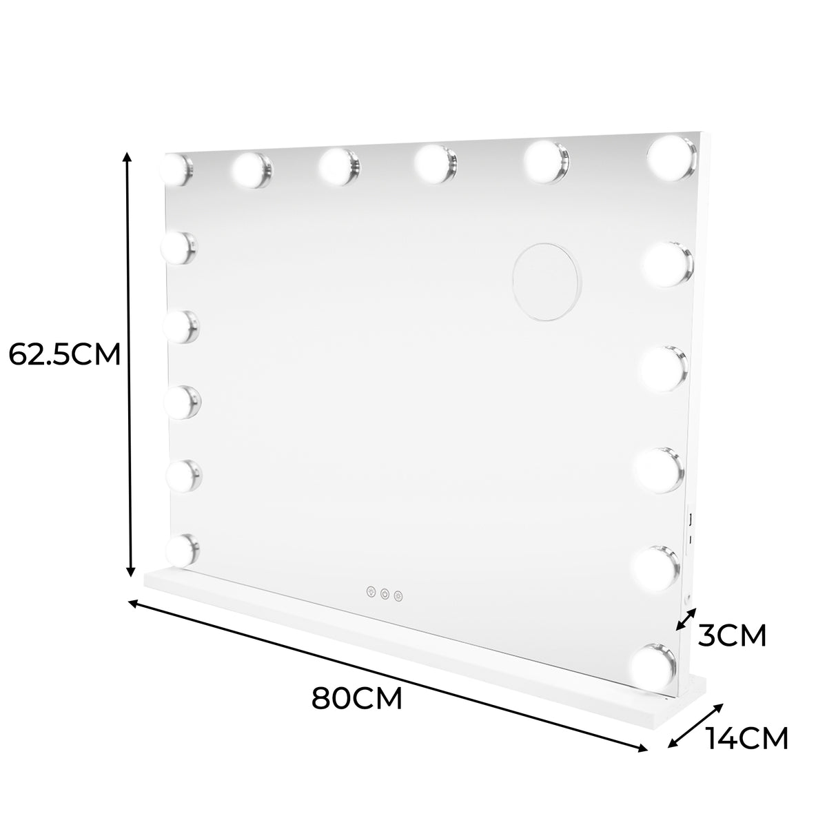 Großer LED Bluetooth Spiegel in Weiß, 80 x 60 cm, mit 14 dimmbaren Lichtern, glatter Oberfläche und modernem Design, ideal für Make-up und Styling