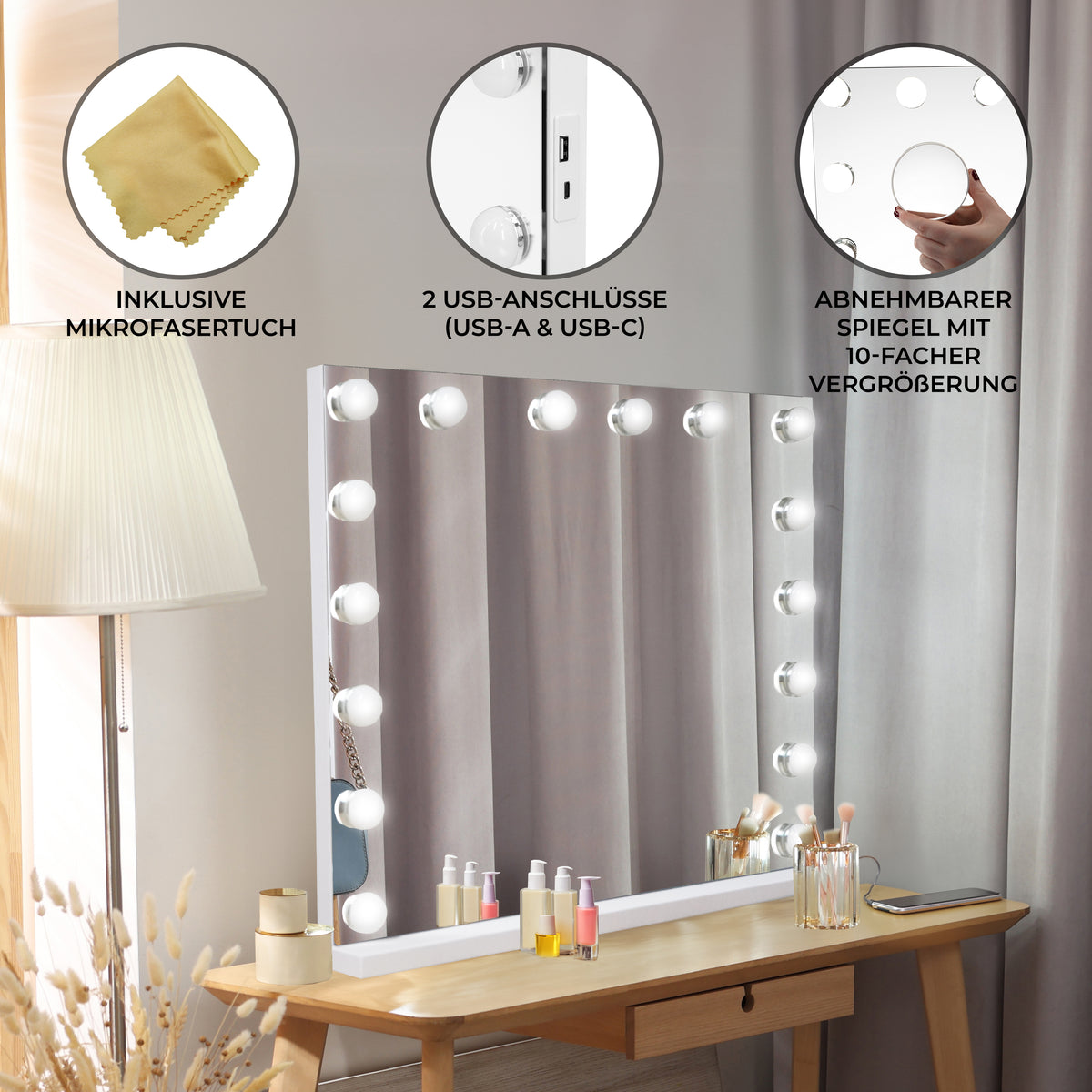 LED Bluetooth Spiegel in Weiß mit 10 dimmbaren Lichtern, 80 x 60 cm, inklusive Mikrofaser-Tuch und USB-Anschlüssen für vielseitige Nutzung