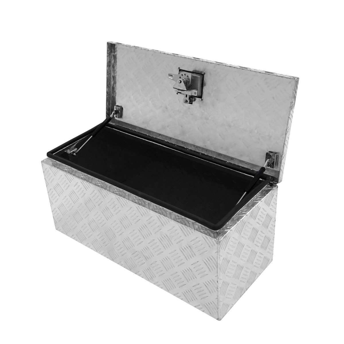 Großer Aluminium-Werkzeugkasten mit 70L Volumen, glänzender silberner Oberfläche, rutschfester Struktur und schwarzem Innenraum, ideal für Werkzeuge und Zubehör
