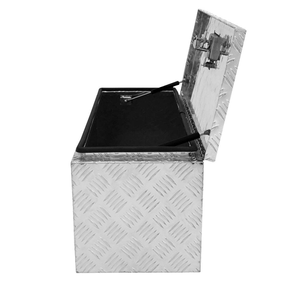 Großer Aluminium-Werkzeugkasten mit rutschfester Oberfläche, schwarzem Innenraum und stabilen Scharnieren, ideal für die Aufbewahrung von Werkzeugen