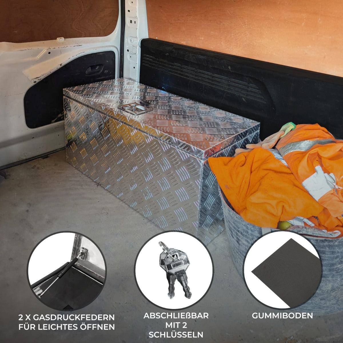 Großer Aluminium-Werkzeugkasten mit rutschfestem Gummiboden, glänzender Oberfläche, zwei Schlüsseln und Gasdruckfedern für einfaches Öffnen