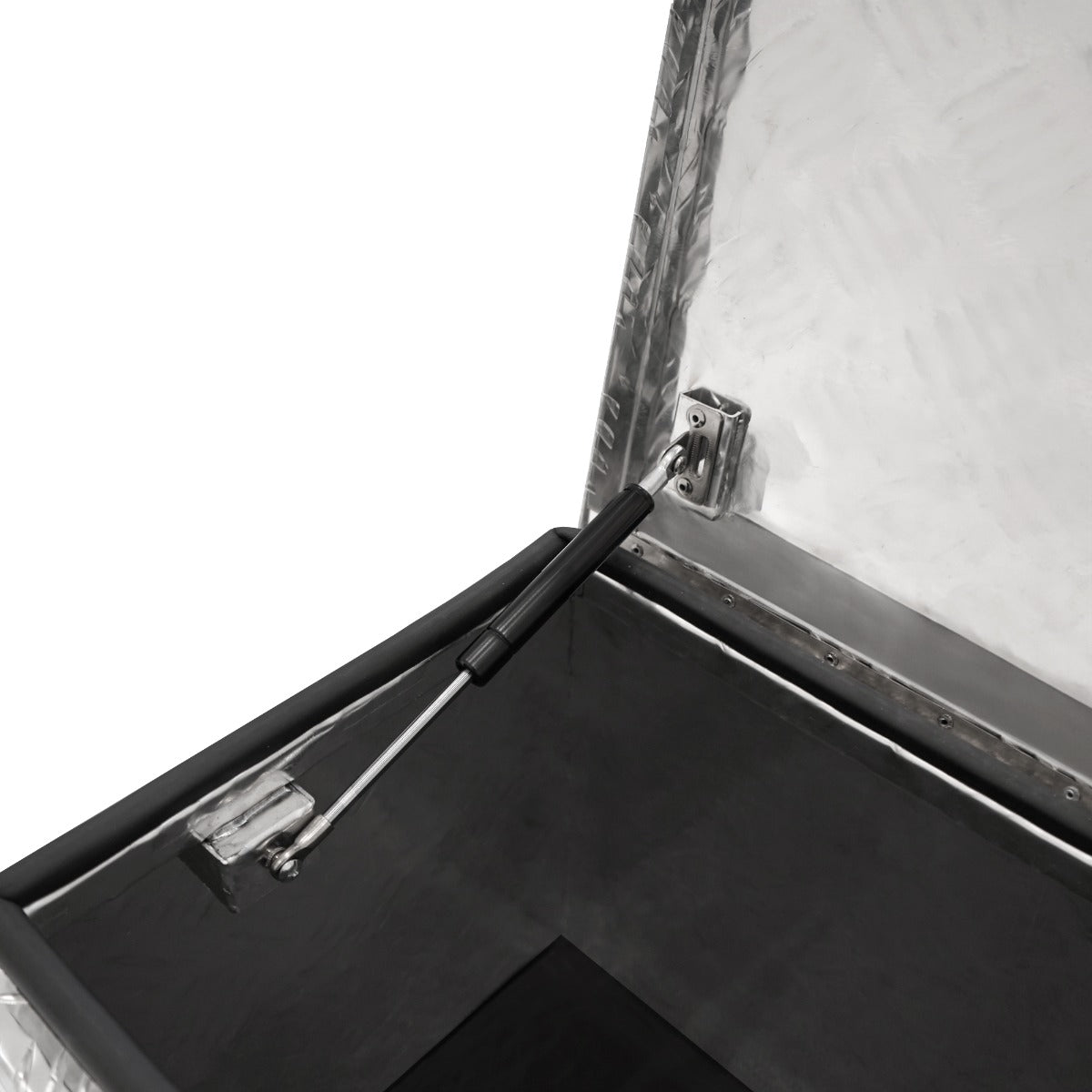Aluminium-Werkzeugkasten in silber mit rutschfestem schwarzen Innenraum, geöffnet, zeigt die robuste Struktur und den Gasdruckdämpfer für einfachen Zugang