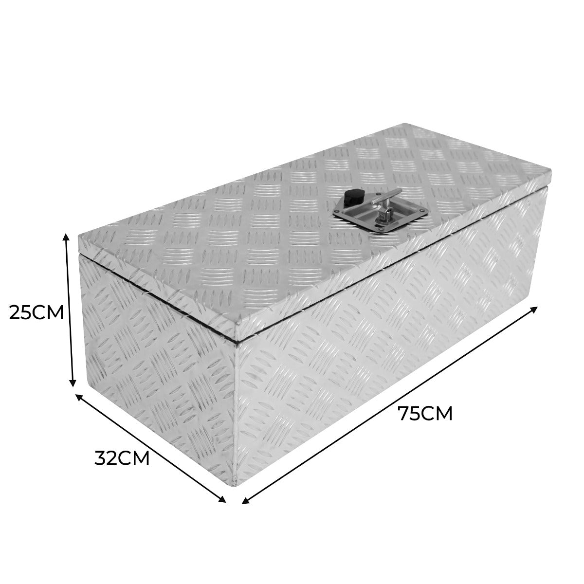 Robuster Aluminium-Werkzeugkasten in silber mit rutschfester, diamantförmiger Oberfläche, Maße 75 cm x 32 cm x 25 cm, ideal für Werkzeuge und Zubehör