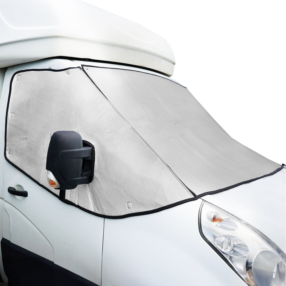 Reflektierende Frontscheibenabdeckung für Wohnmobile, silberne Oberfläche, schützt vor Sonne und Frost, passt perfekt auf die Windschutzscheibe