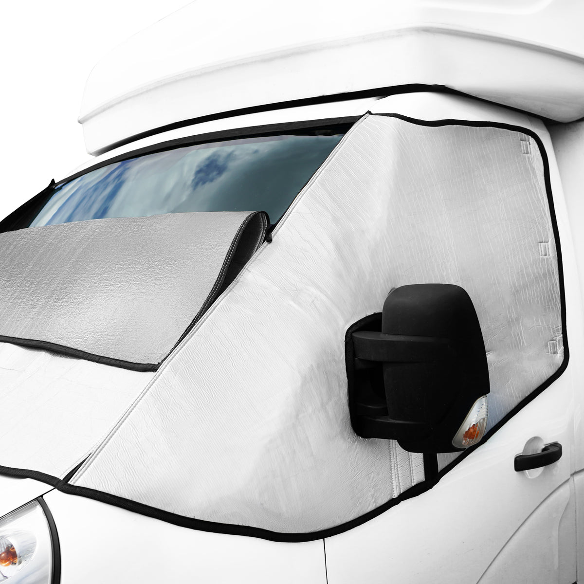 Reflektierende Wohnmobil Frontscheibenabdeckung in silber und schwarz, schützt vor Sonne und Kälte, passgenau für verschiedene Fahrzeugmodelle