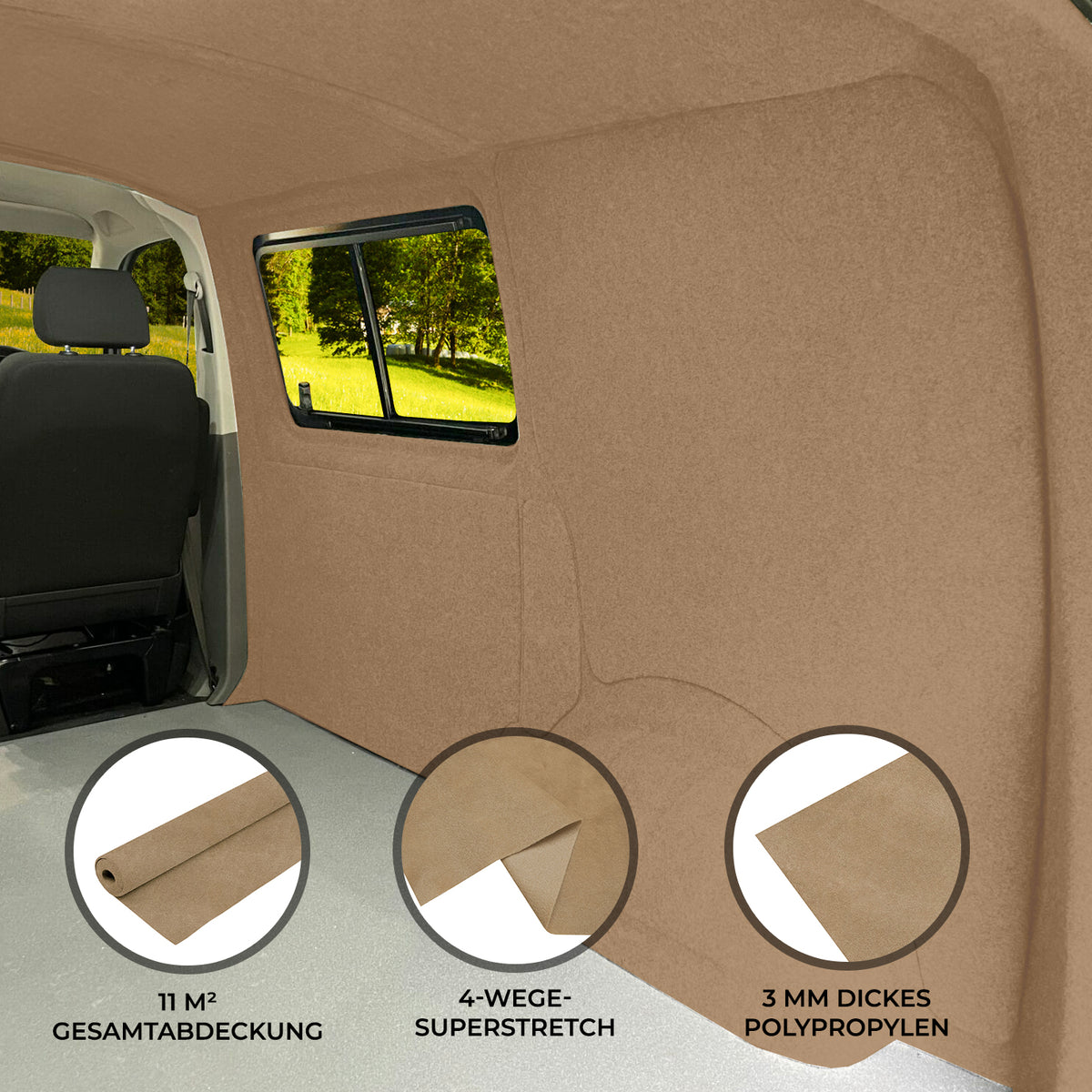 Beiger Autostoff mit 3 mm Dicke, weicher Textur und 4-Wege-Superstretch, ideal für Fahrzeugverkleidungen und Innenausstattungen