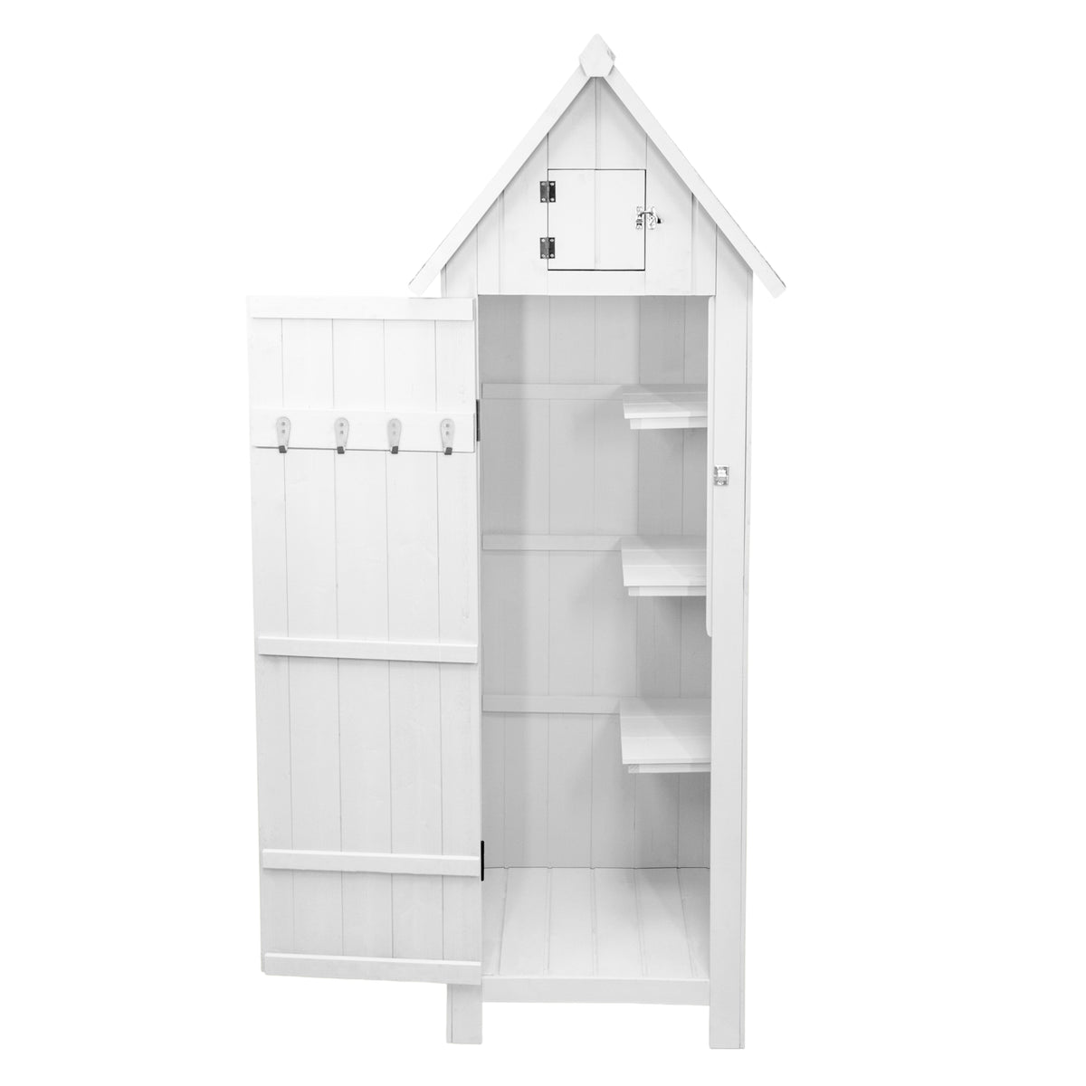 Grau lackierter Gartenschrank aus Holz mit einem spitzen Dach, einer Tür, Haken und mehreren Regalen für optimalen Stauraum im Garten