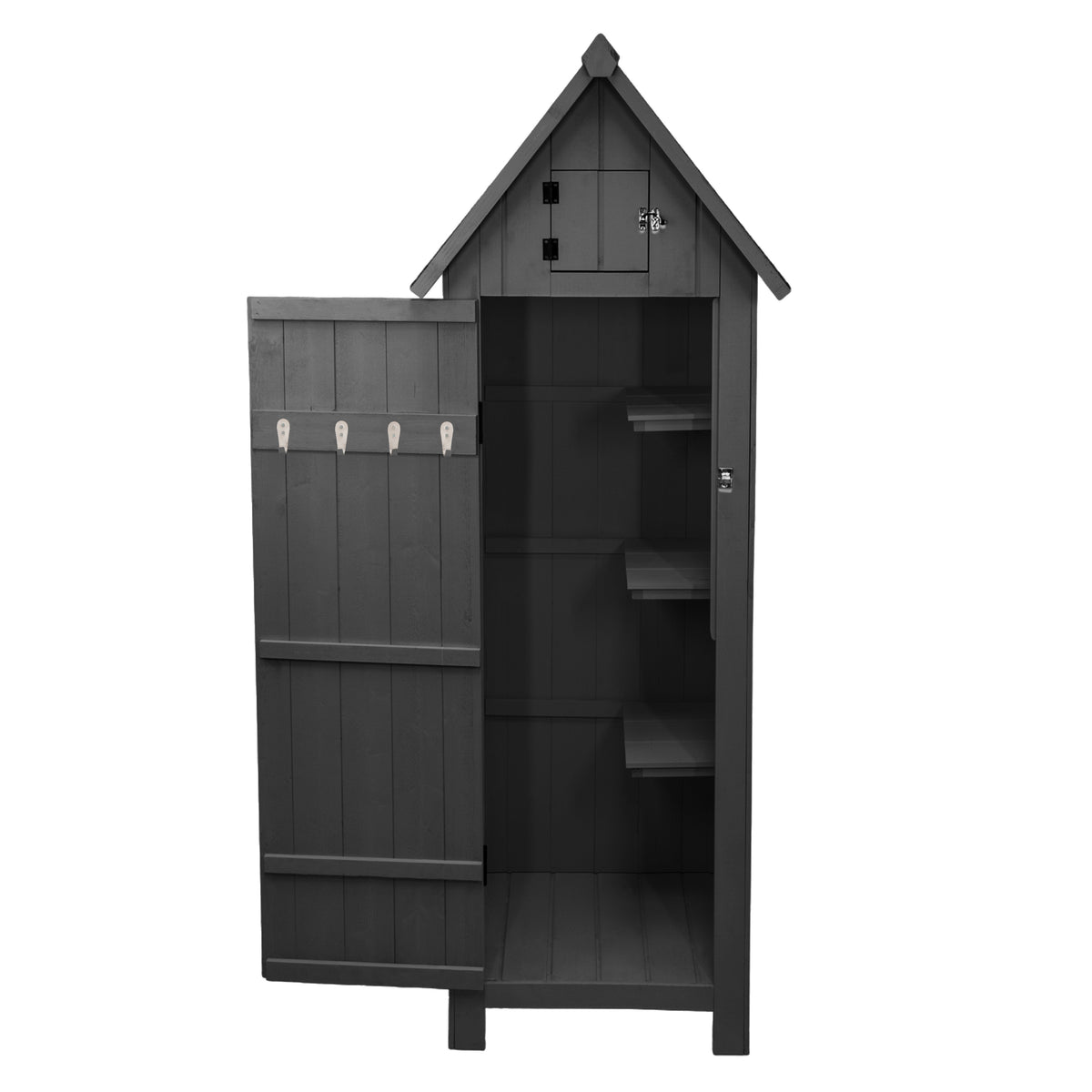 Grau lackierter Holz-Gartenschrank mit spitzem Dach, offener Tür, fünf Haken und drei Regalen für praktische Aufbewahrung im Freien
