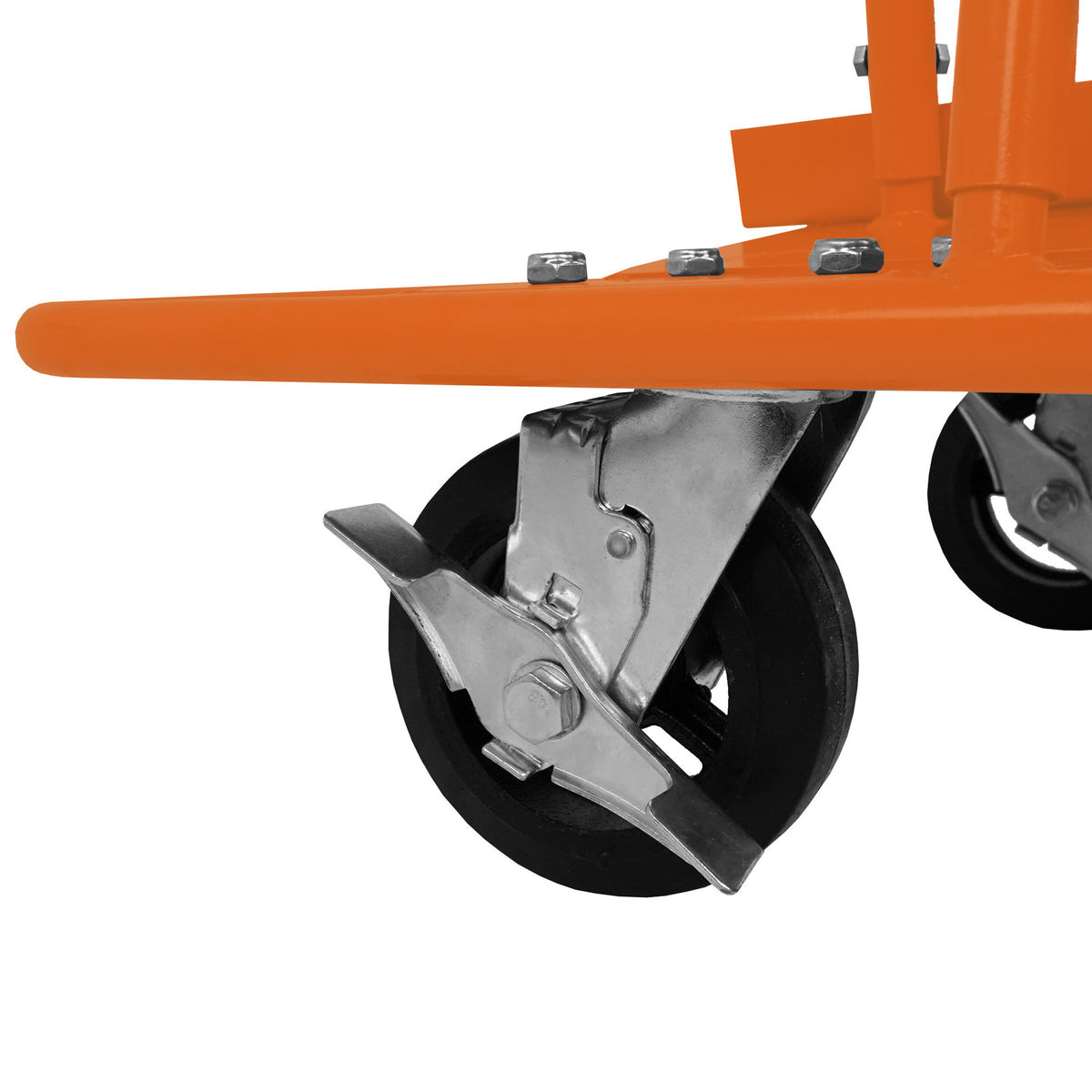 Robuster Gipskartonwagen mit orangefarbenem Rahmen und stabilen Bremsen auf gummierten Rädern für sicheren Transport von Trockenbauwänden