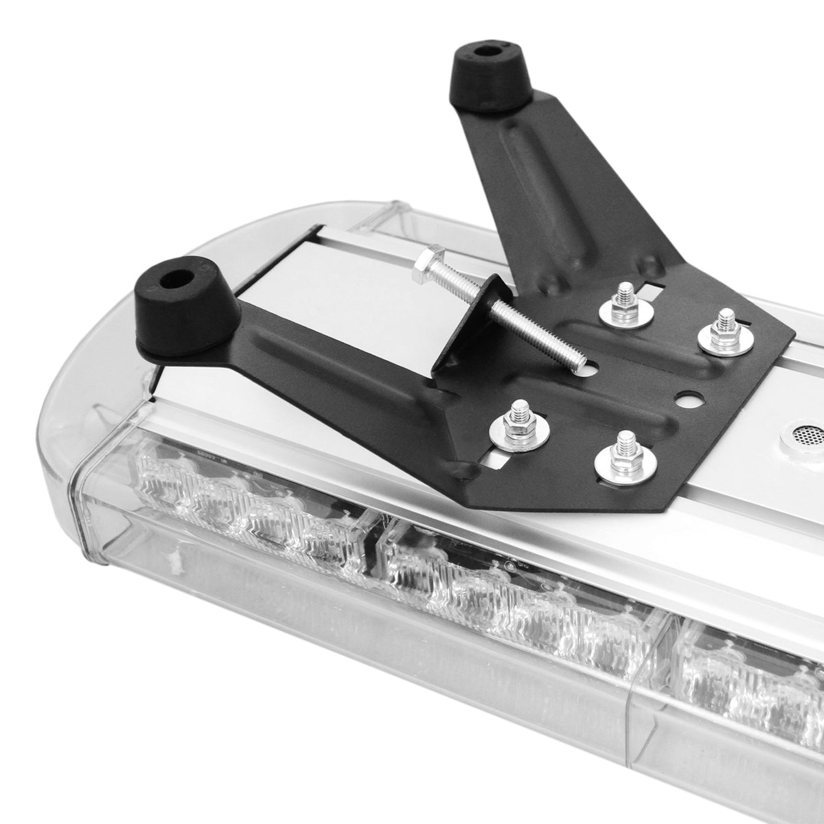 Bernsteinfarbenes LED-Notwarnlicht mit 1200 mm Länge, transparentem Gehäuse, silbernem Bedienfeld und stabilen Halterungen aus schwarzem Metall