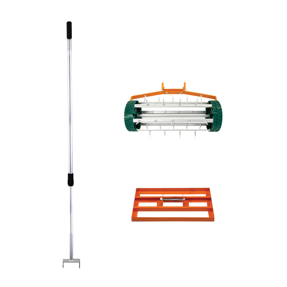 T-Mech Rasenrakel in Orange mit 50 cm Breite, inklusive rollendem Rasenlüfter, aus robustem Material, ideal für die Rasenpflege