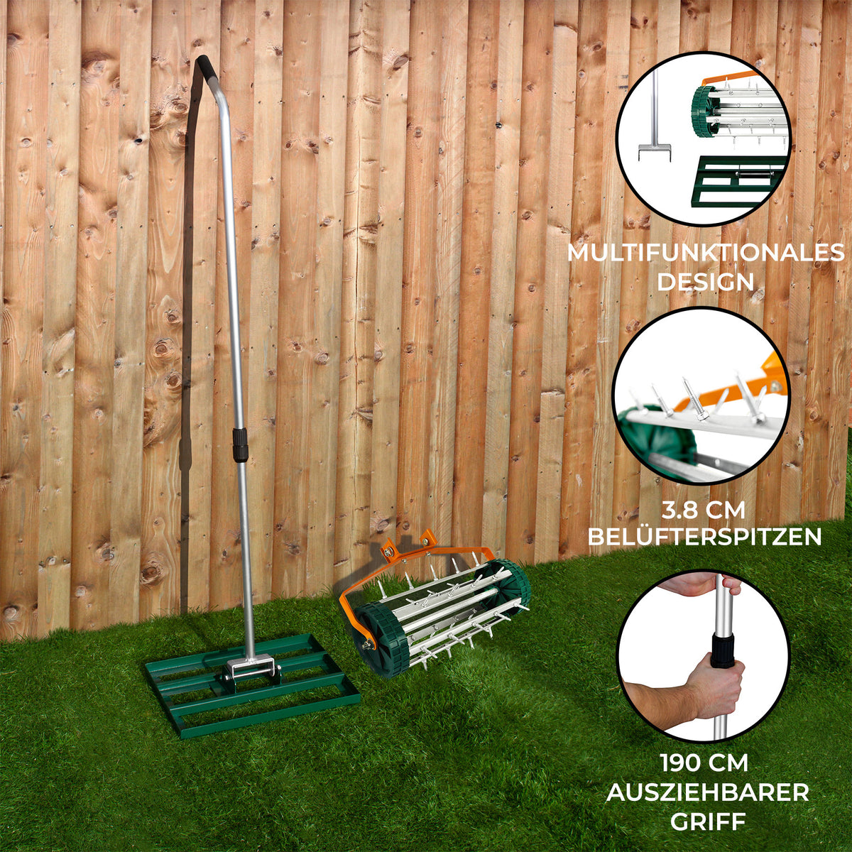 Grüner T-Mech Rasenrakel mit 50 cm breiter Arbeitsfläche und rollendem Rasenlüfter, ideal für die Pflege von Rasenflächen, mit verstellbarem Griff