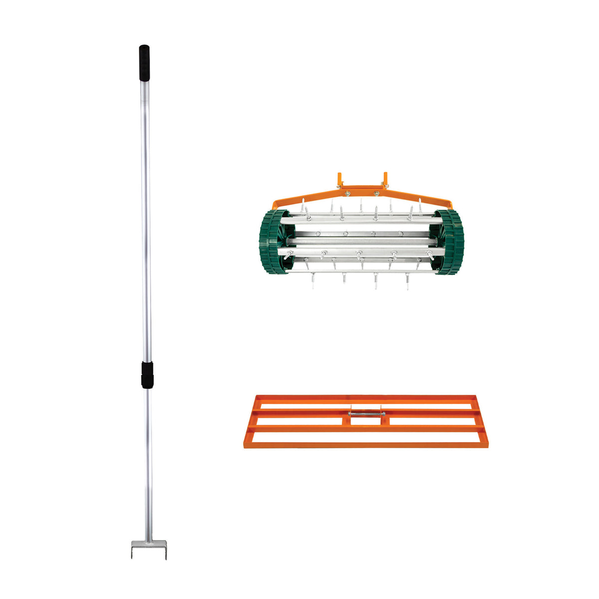 T-Mech Rasenrakel in Orange mit 100 cm breiter Arbeitsfläche, inklusive rollendem Rasenlüfter und stabiler Aluminiumstange für effektives Rasenlüften