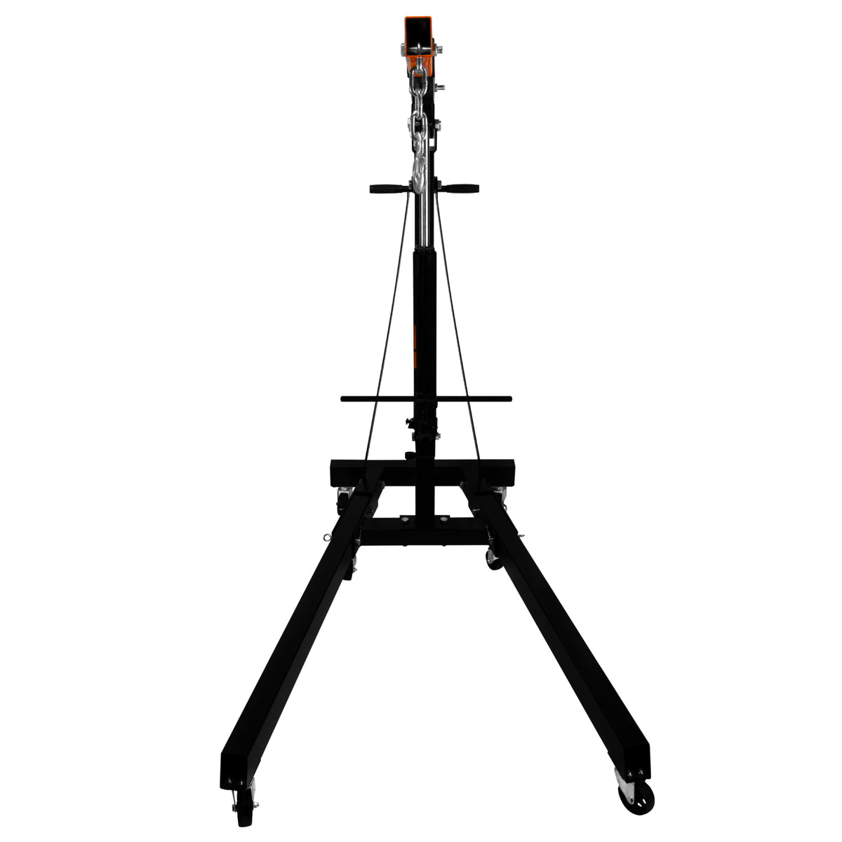 Robuster T-Mech Werkstattkran in Schwarz mit stabilen, breiten Füßen und einem verstellbaren Haken für das Heben von bis zu 2 Tonnen