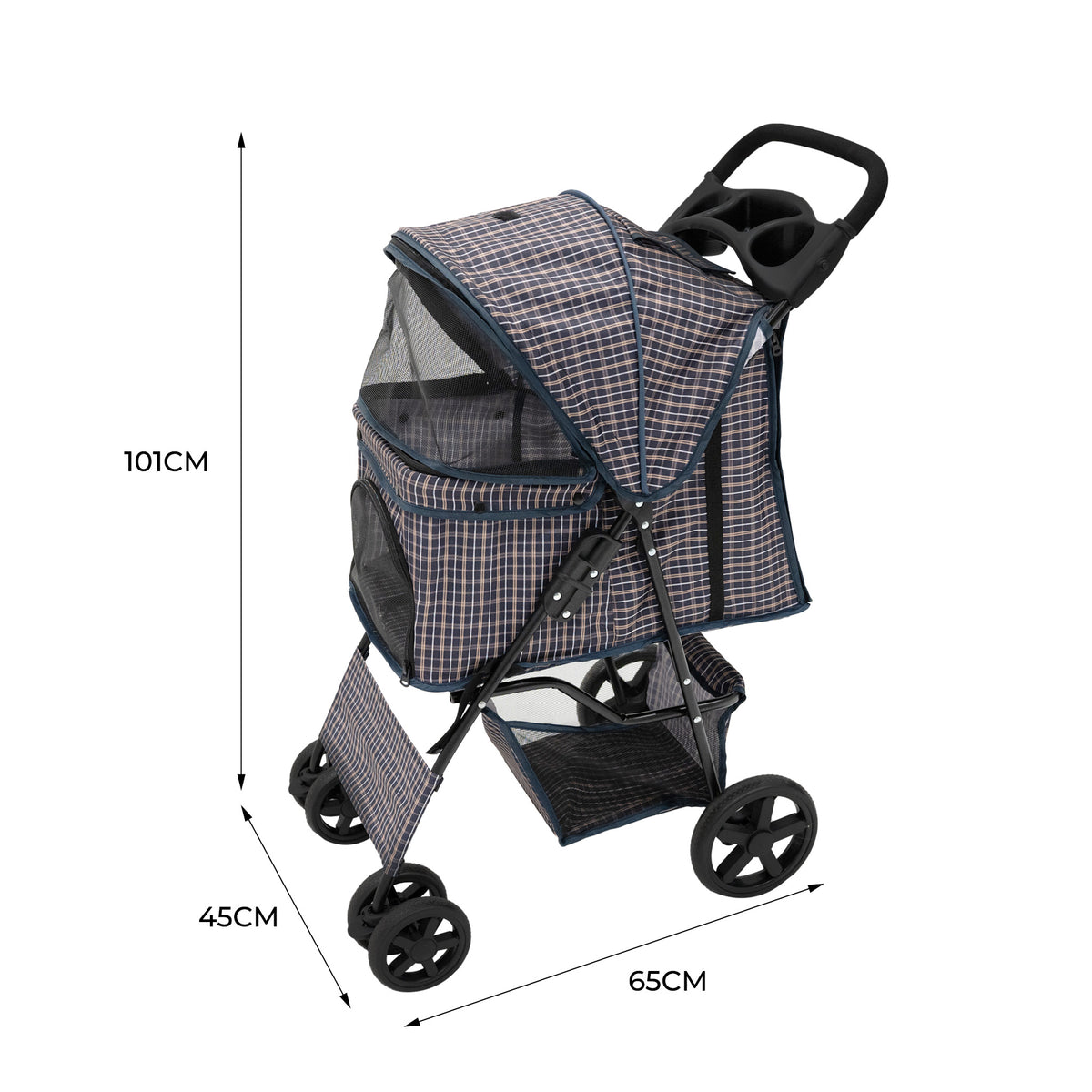 Haustierwagen in blauem Tartanmuster mit Regenabdeckung, Netzfenstern, stabilen Rädern und ergonomischem Griff, ideal für Ausflüge mit Haustieren