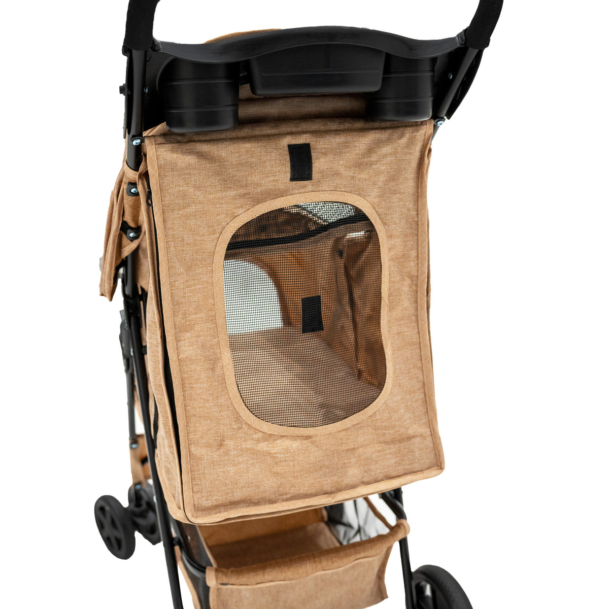 Haustierwagen in gewebtem Beige mit Regenabdeckung, Netzfenster und praktischen Taschen, ideal für den sicheren Transport von Haustieren