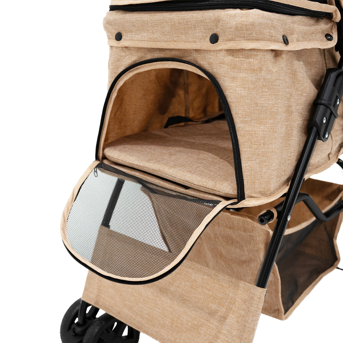 Haustierwagen in gewebtem Beige mit Regenabdeckung, Netzfenster und praktischer Klappe für einfachen Zugang und Sicht auf das Haustier