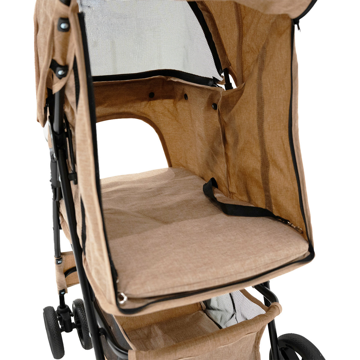 Haustierwagen in gewebtem Beige mit Regenabdeckung, weichem Innenfutter und stabilen Rädern für komfortable Ausflüge mit Haustieren
