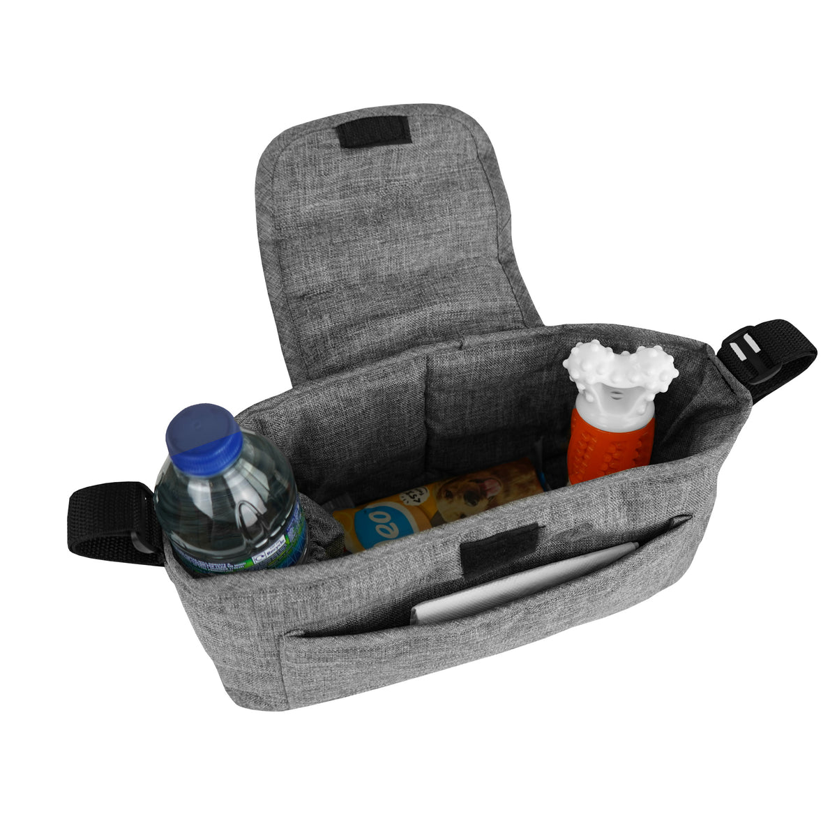 Gewebte graue Haustierwagen Fronttasche mit zwei Fächern, gefüllt mit einer Wasserflasche, Snacks und einem Spielzeug, ideal für Ausflüge mit Haustieren