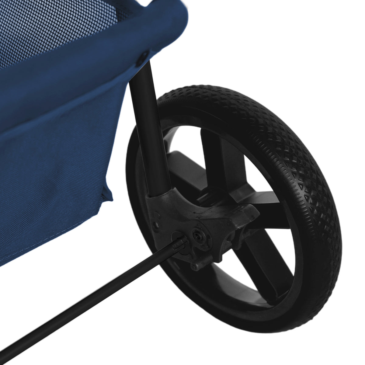 Haustierwagen in Marineblau mit stabilen schwarzen Rädern, Regenabdeckung und praktischer Fronttasche für zusätzlichen Stauraum
