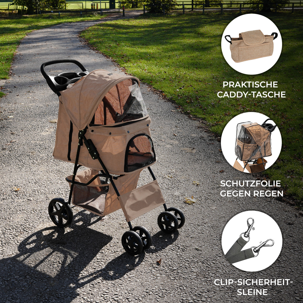 Haustierwagen in gewebtem Beige mit Regenabdeckung, praktischer Fronttasche und stabilen, schwarzen Rädern auf einem Weg im Freien
