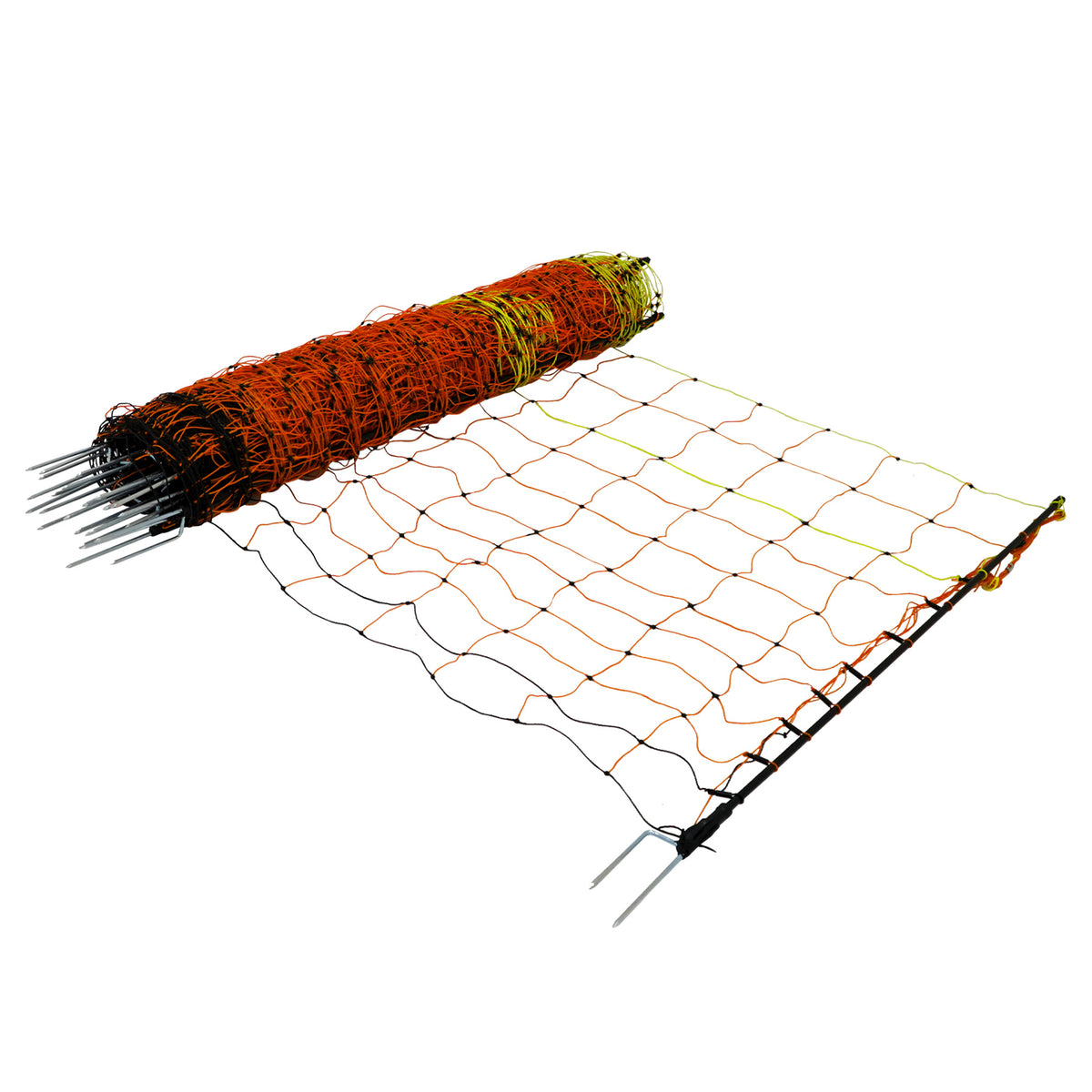 Elektrisches Geflügelnetz in leuchtenden Orange- und Gelbtönen, mit stabilen Metallstiften, ideal zum Schutz von Geflügel und zur Abgrenzung von Bereichen