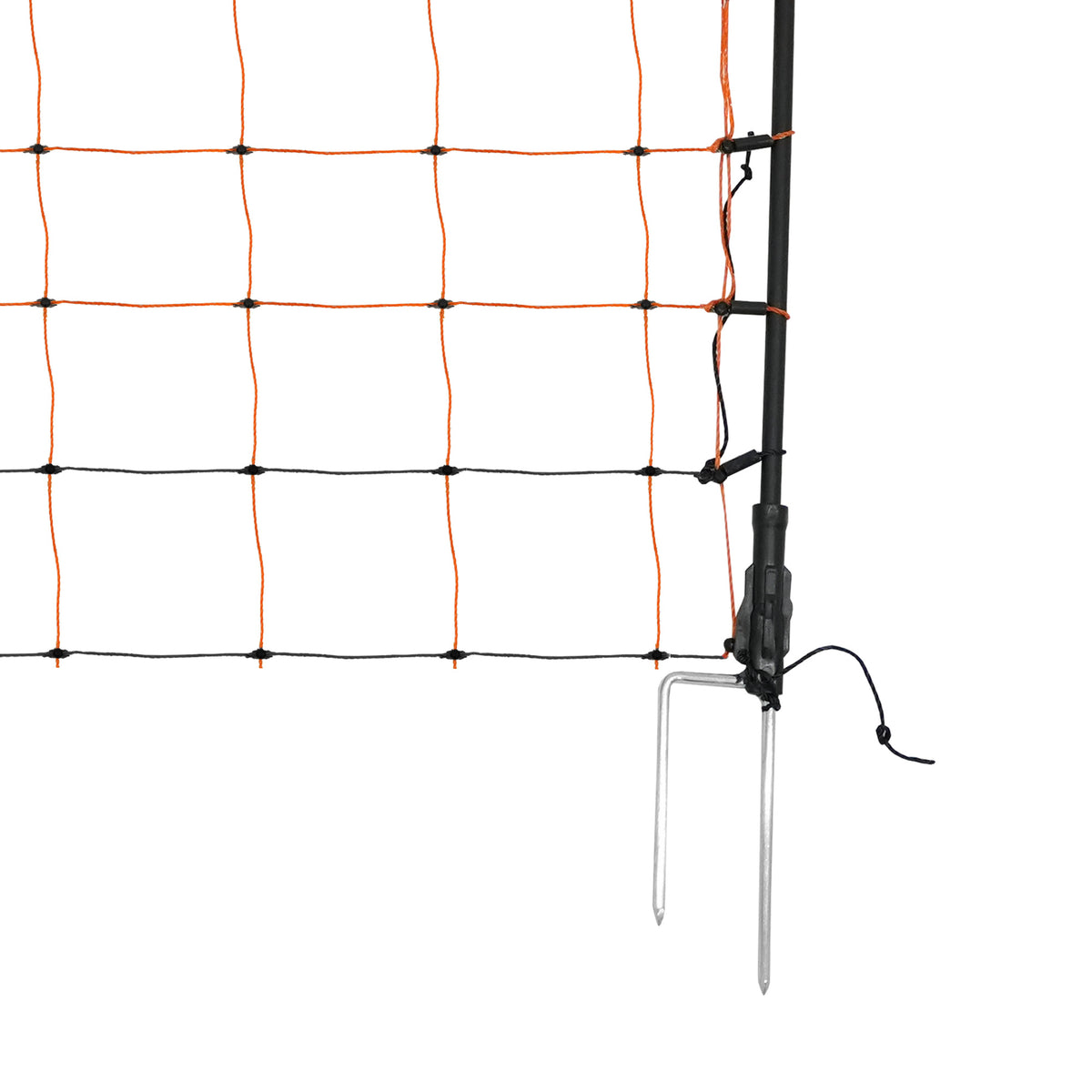 Elektrisches Geflügelnetz mit orangefarbenen und schwarzen Maschen, stabilen Pfosten und Erdspießen für sicheren Schutz von Geflügel in Gärten oder Höfen