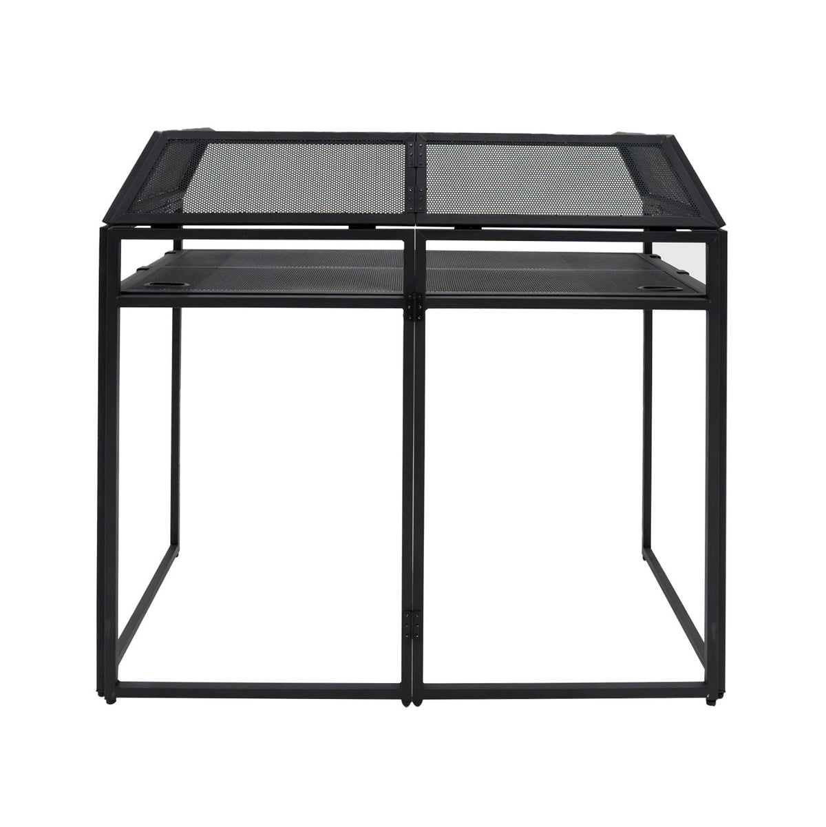 Schwarze DJ Disco Booth Kabine mit stabiler Metallstruktur, offenem Design und Netzoberfläche für optimale Luftzirkulation und Sichtbarkeit