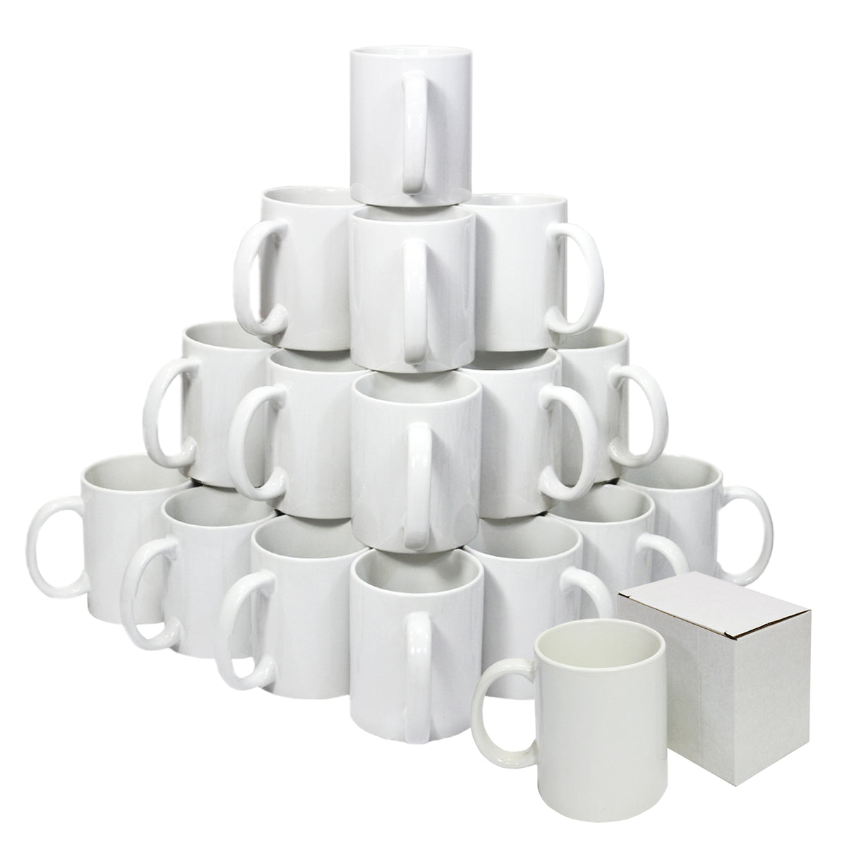 72 weiße Sublimationsbecher in verschiedenen Positionen, umgeben von einer kleinen weißen Box, ideal für personalisierte Geschenke und kreative Projekte