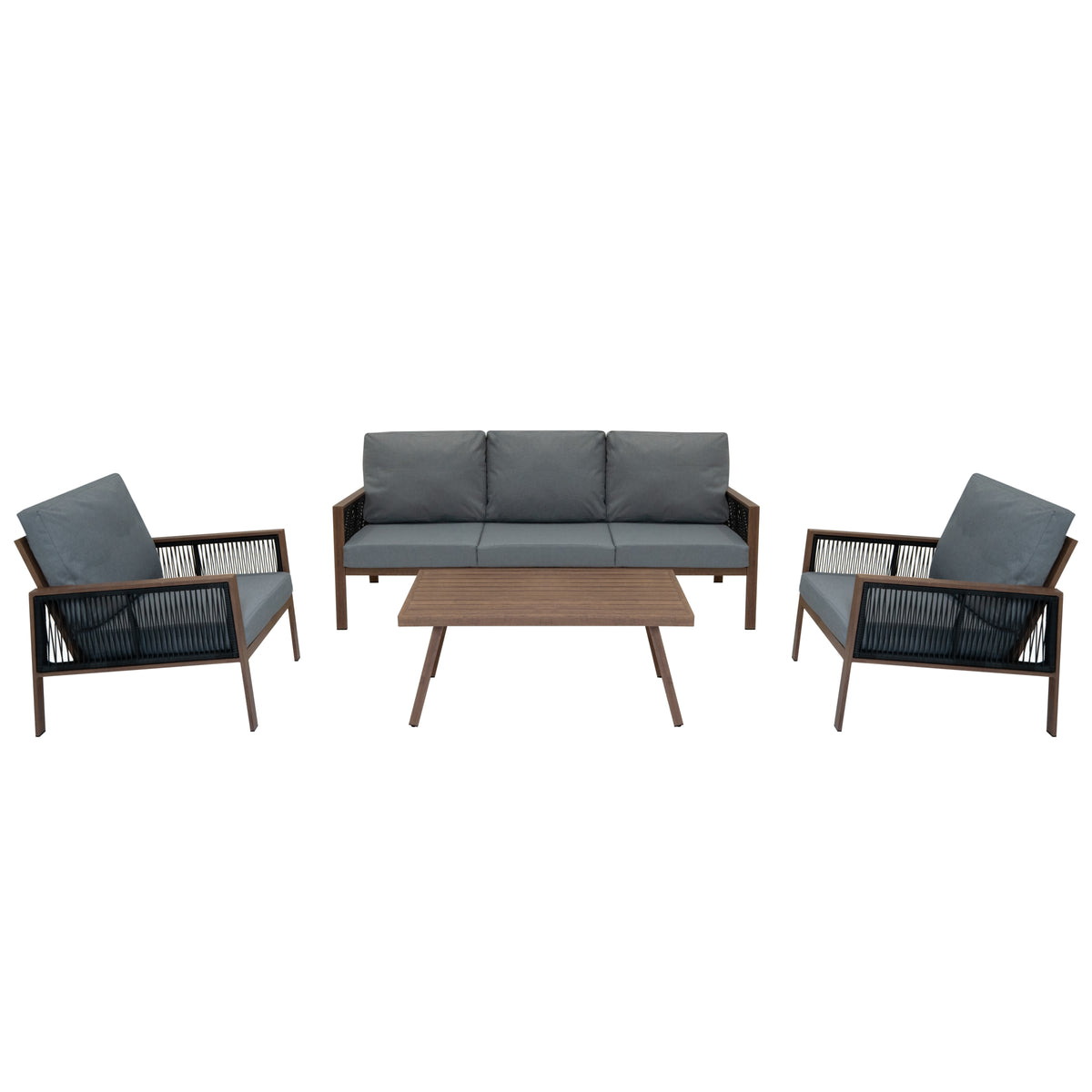 Elegante 4-teilige Aluminium-Sofagarnitur mit grauen Polstern und einem Tisch aus Holz, ideal für den Außenbereich und gemütliche Zusammenkünfte