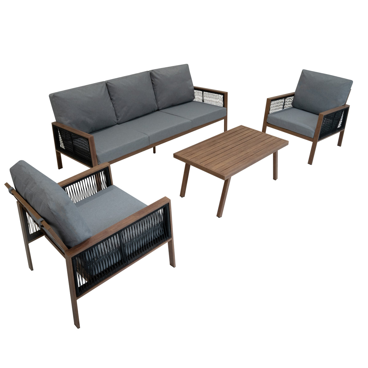 Elegante 4-teilige Aluminium-Sofagarnitur mit grauen Polstern, schwarzer Rattan-Aufbewahrungsbox und einem modernen Holztisch, ideal für den Außenbereich