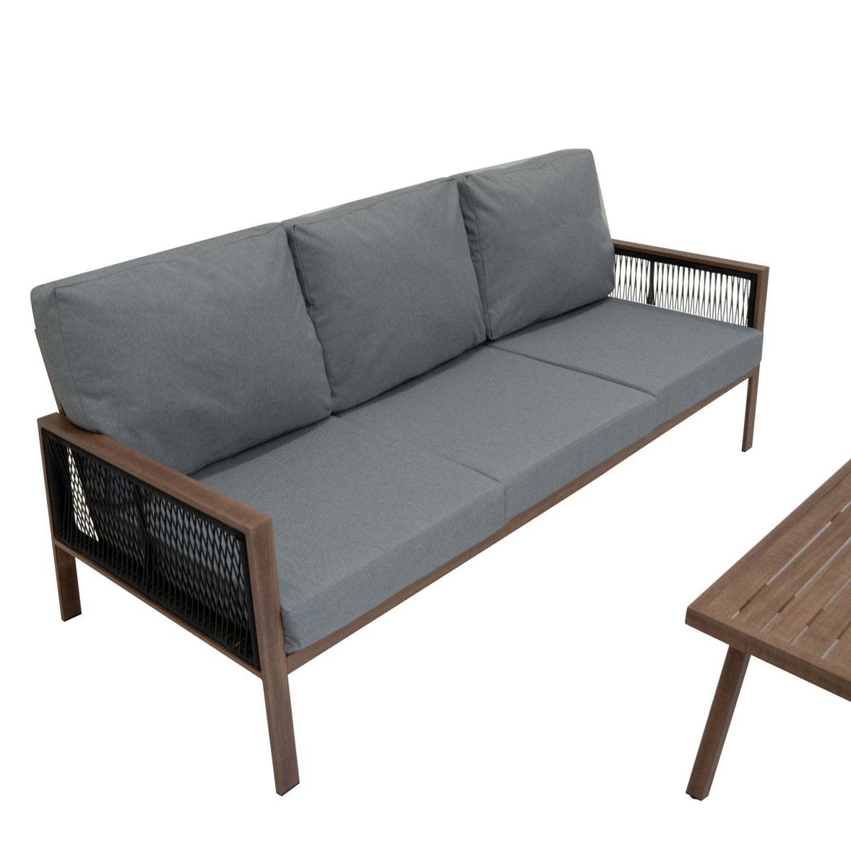 Elegante 4-teilige Aluminium-Sofagarnitur mit grauen Polstern und Holzdetails, ideal für stilvolle Außenbereiche und entspannende Momente