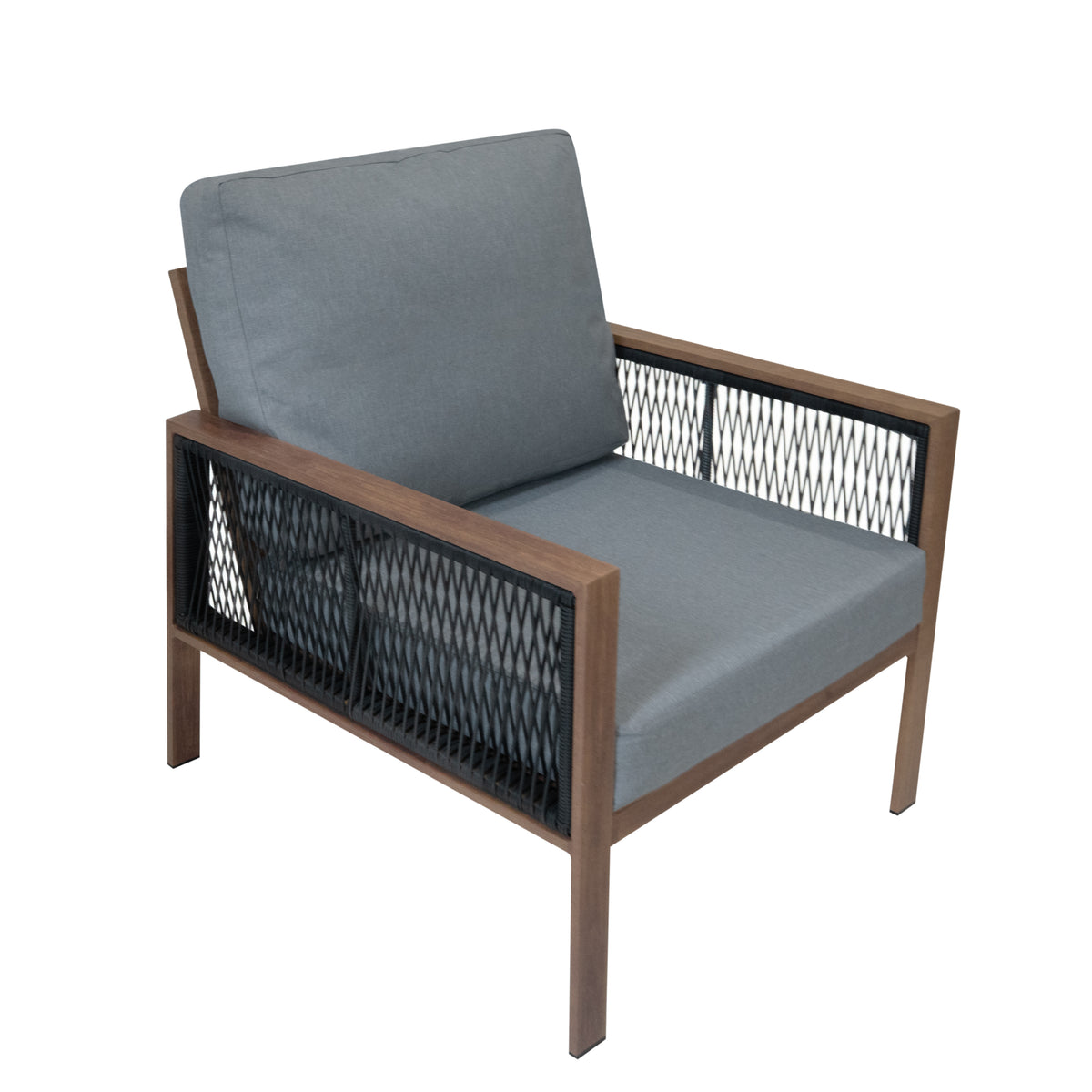Bequemer Sessel mit grauem Stoffbezug, Holzrahmen und schwarzem Netzdesign, ideal für moderne Wohnräume und Terrassen