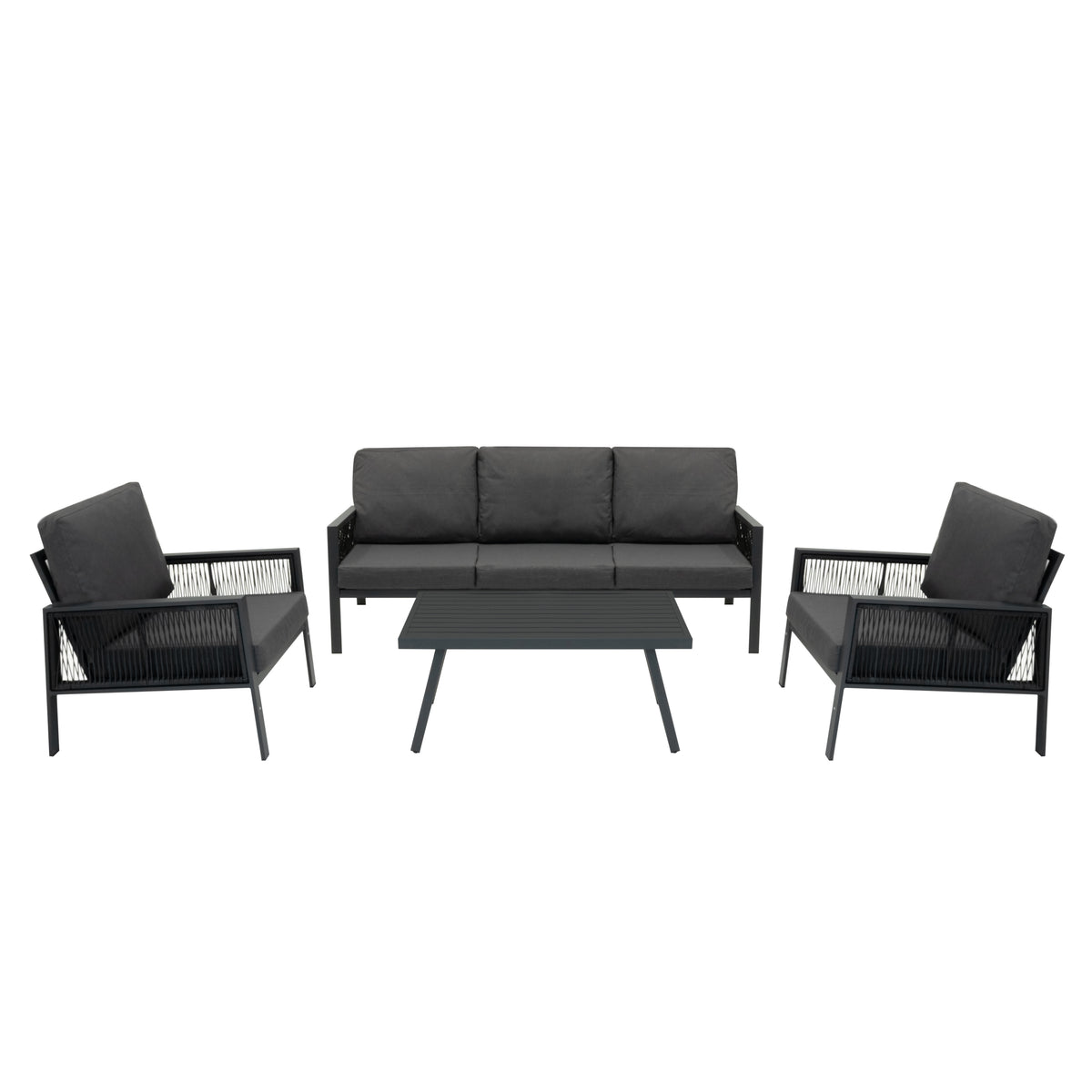Vierteilige Aluminium-Sofagarnitur in Anthrazitgrau mit bequemen Polstern, modernen Linien und einem eleganten Tisch, ideal für den Außenbereich