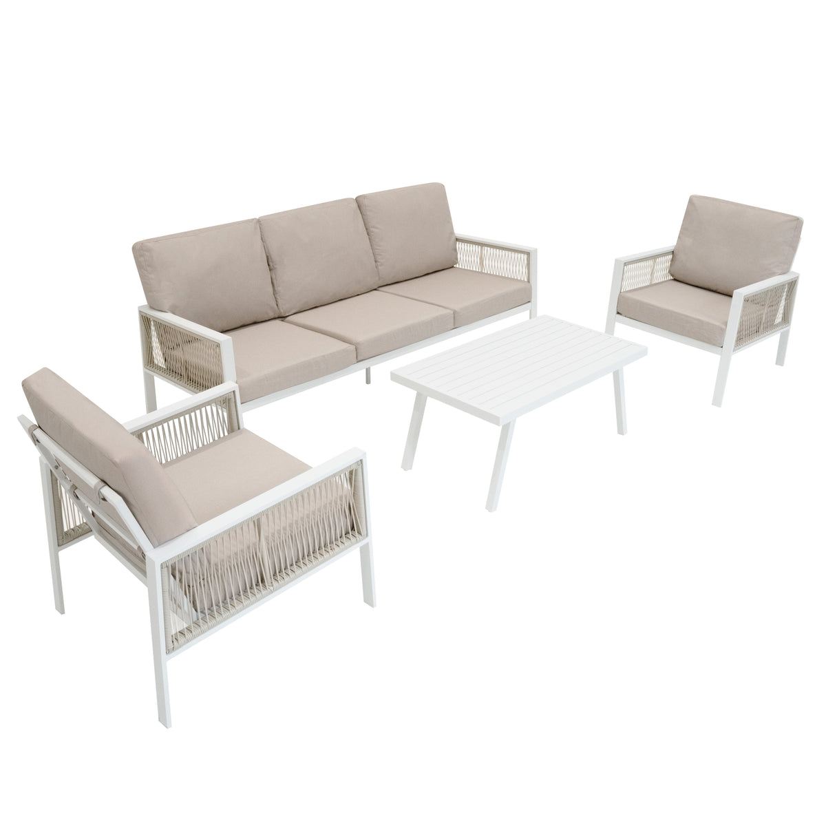 4-teilige Aluminium-Sofagarnitur in Weiß mit beigen Polstern, bestehend aus einem Sofa, zwei Sesseln und einem Tisch, ideal für den Außenbereich