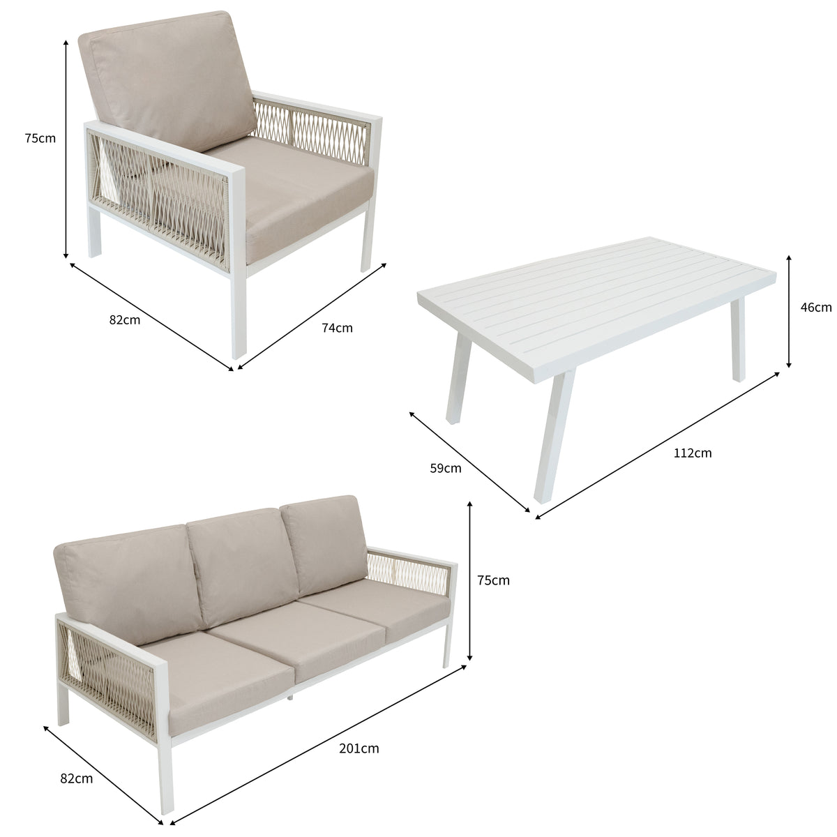 Vielseitige 4-teilige Aluminium-Sofagarnitur in Weiß mit bequemen, hellbeigen Polstern und modernem, minimalistischen Design, ideal für den Außenbereich